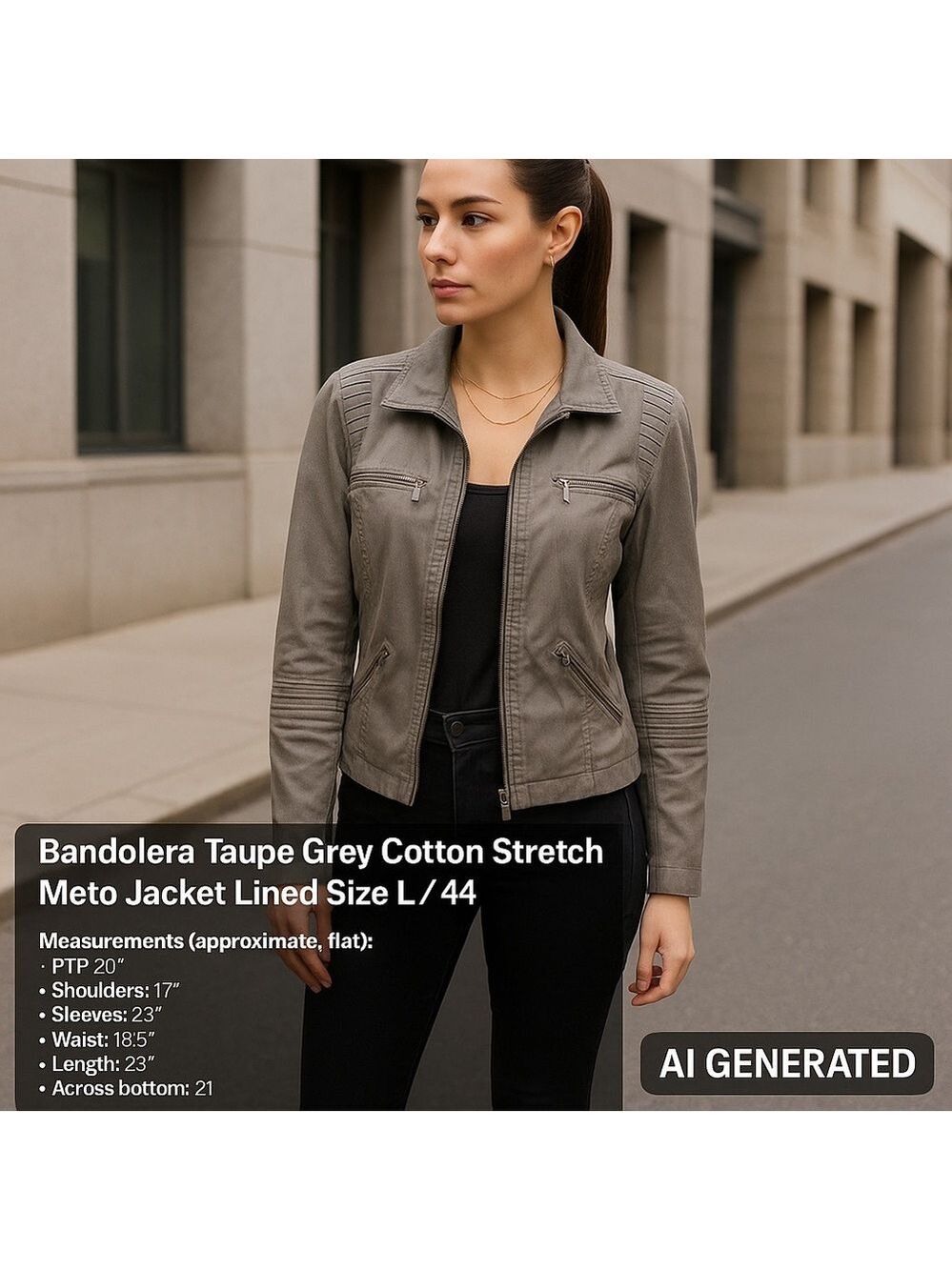 Bandolera Taupe Grey Cotton Stretch Moto/military Jacket Lined pockets Size L